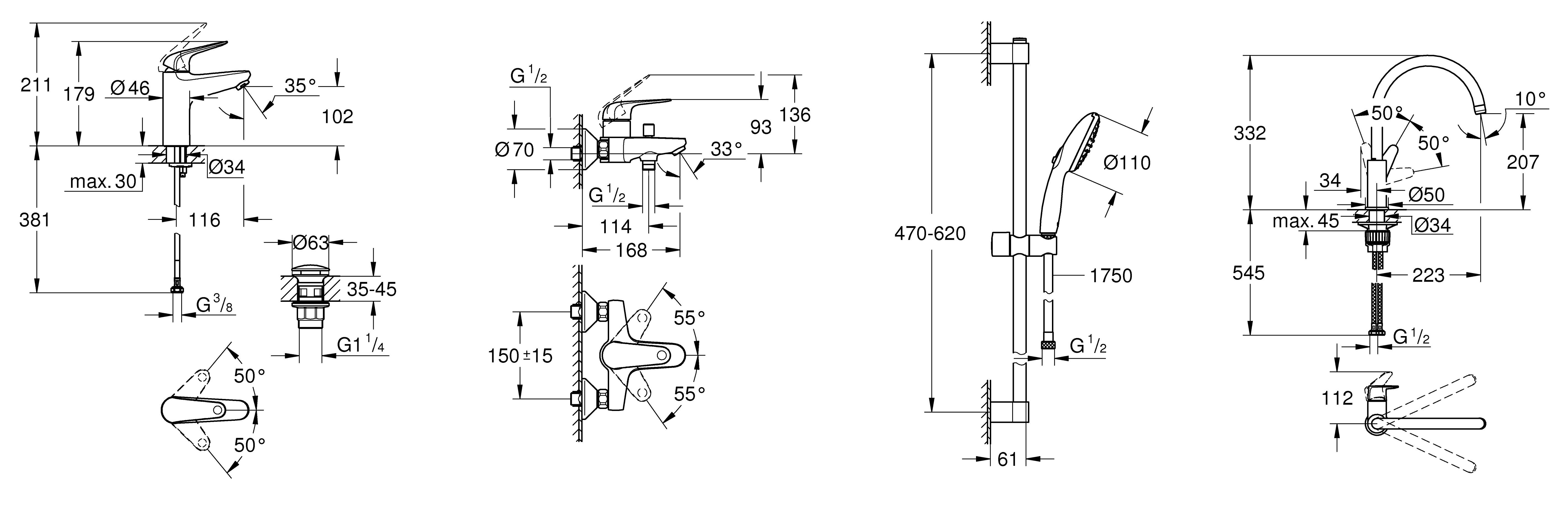 Grohe 4 в 1 Euroeco New UA123242MK Габаритные размеры