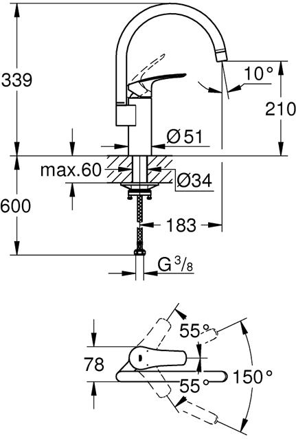 Grohe Eurosmart 332022433 Габаритные размеры