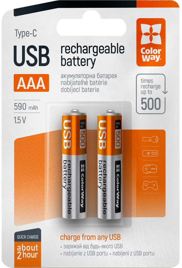 Батарейка ColorWay AAA USB-C 590 мАЧ 1.5В (Li-Polymer) (2pc.) (CW-UBAAA-09)