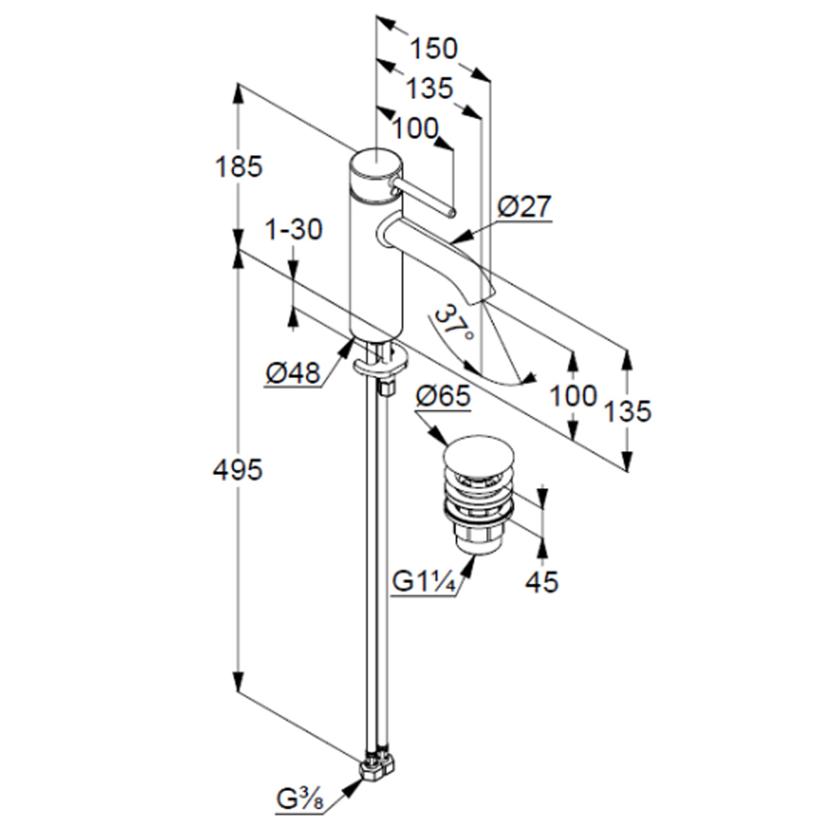 Kludi 100 DN 15 Bozz 38288N076 Габаритні розміри