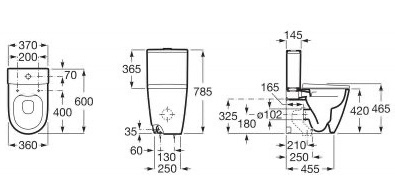 Roca Ona Rimless A342688000+A341681000+A801E22002 Габаритні розміри