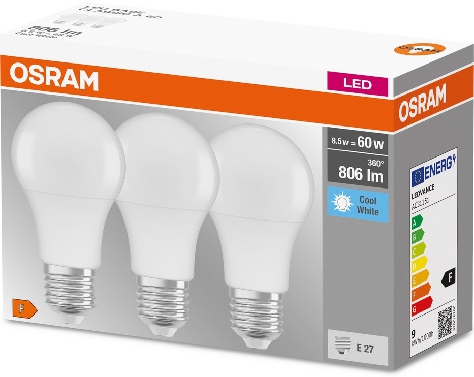 Osram Led A60 8.5W 806Lm 4000K E27 3 шт. (4058075127531)