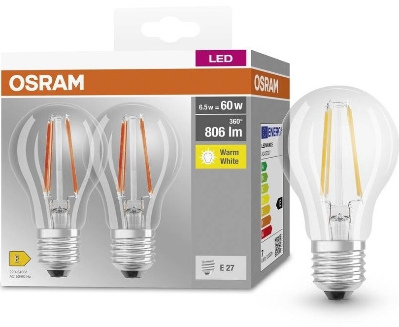 Светодиодная лампа Osram Led A60 6.5W 806Lm 2700K E27 2 шт. (4099854064098) цена 189 грн - фотография 2