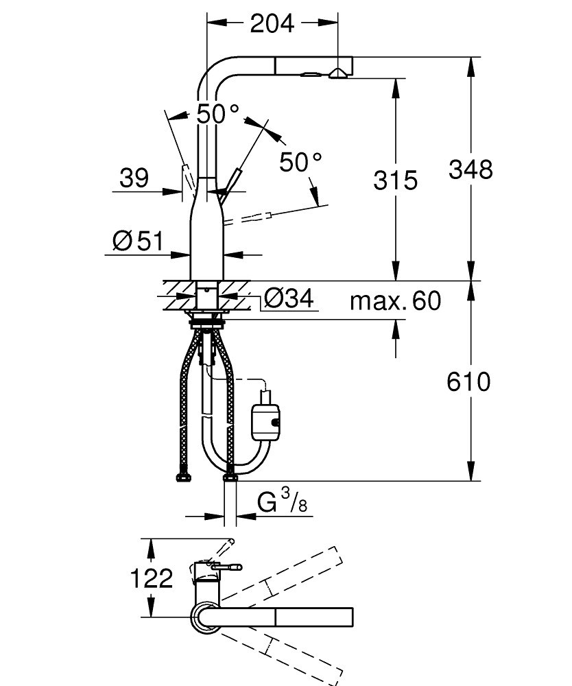 Grohe K700U 31653AP0+30270GN0+0535GN0+40997GN0 Габаритные размеры