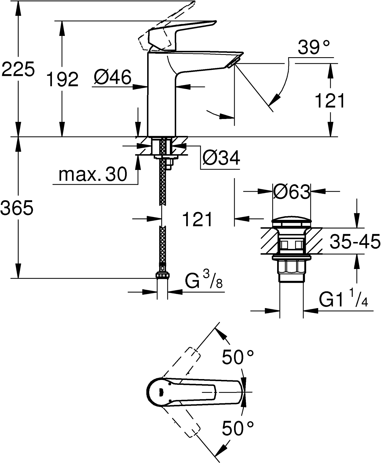 Grohe QuickFix Start Black UA303305RM Габаритные размеры