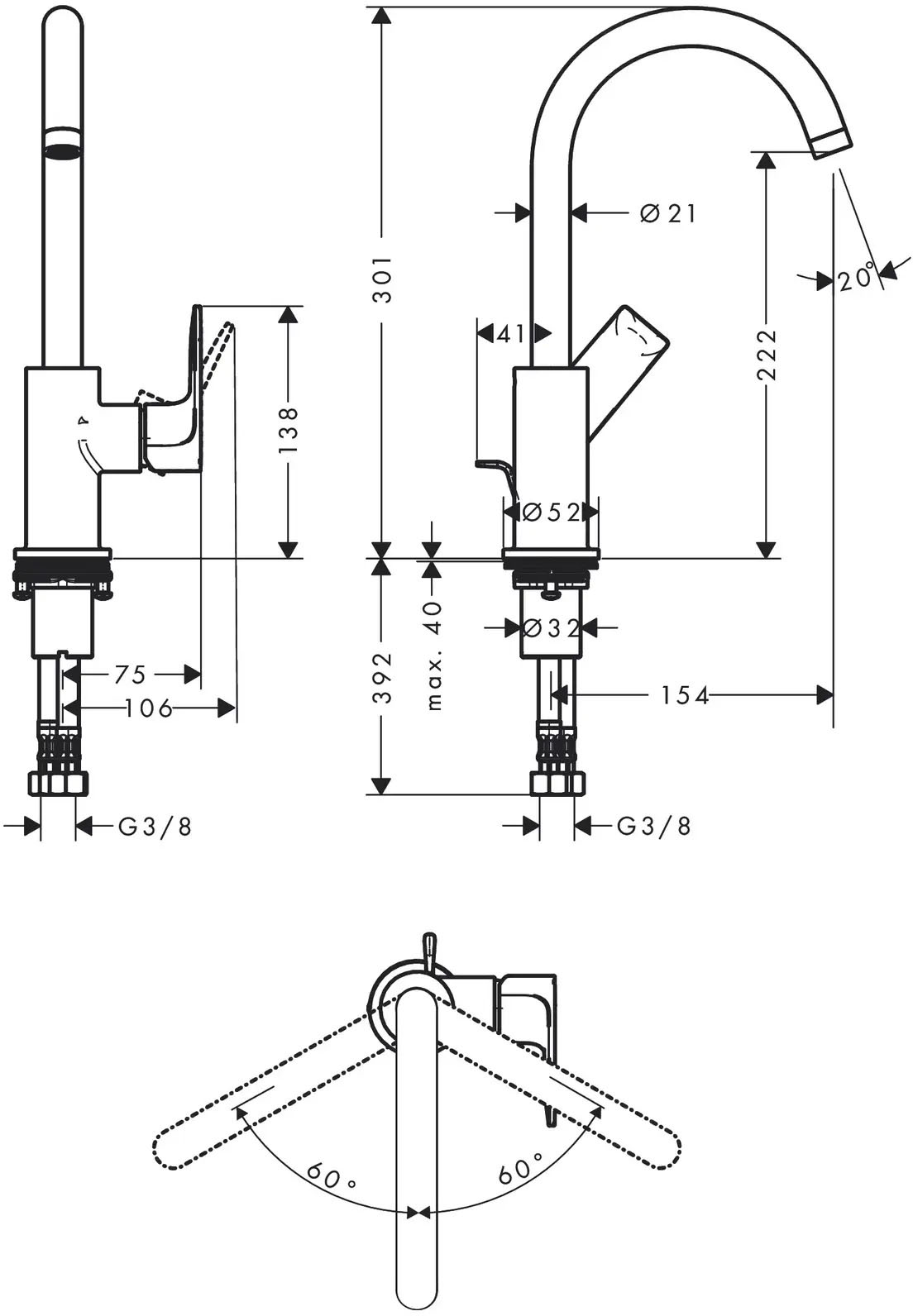 Hansgrohe Rebris E 72576670 Габаритні розміри