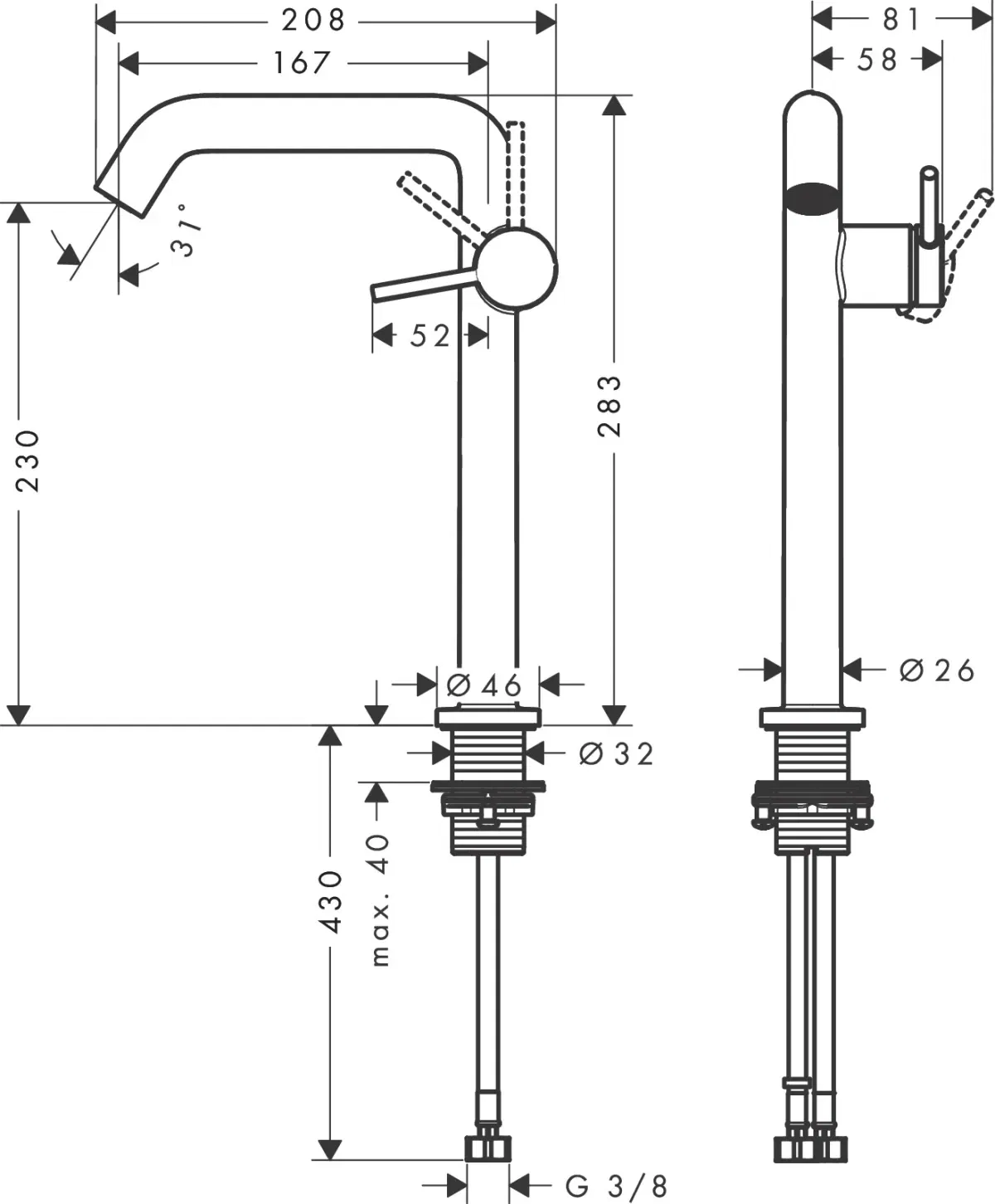 Hansgrohe Tecturis S 240 Fine CoolStart Matt White (73370700) Габаритні розміри