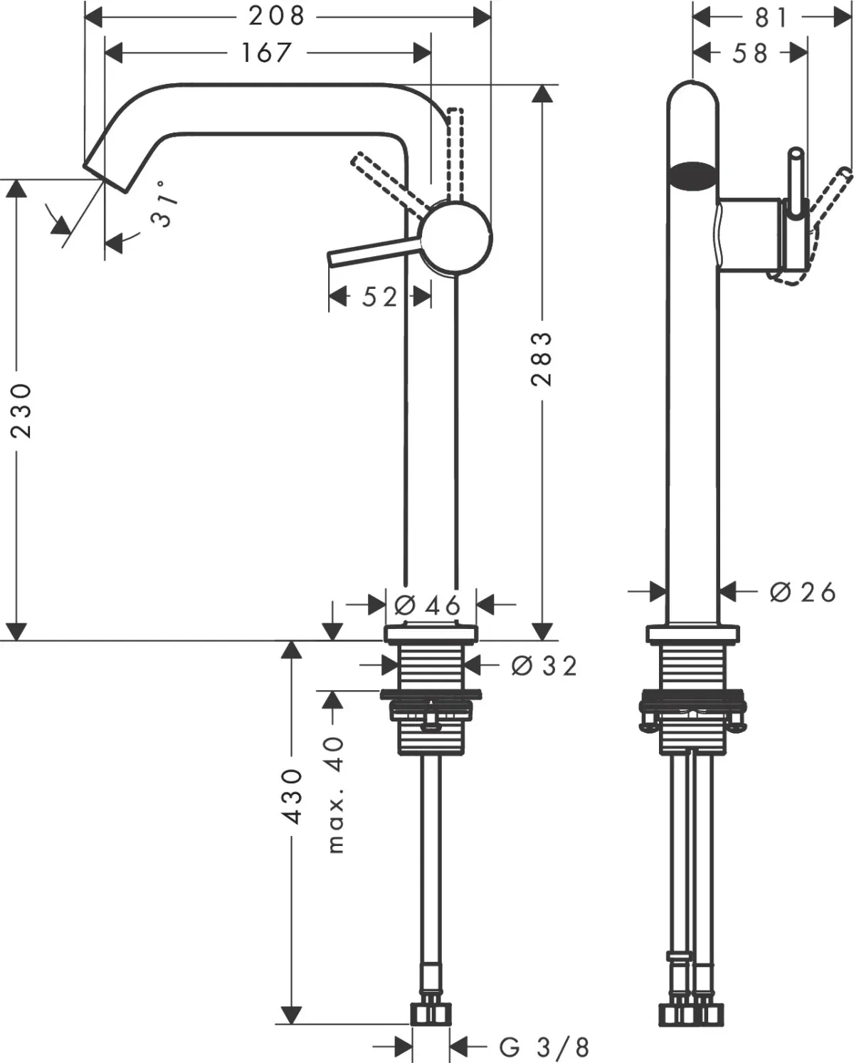 Hansgrohe Tecturis S 240 Fine CoolStart Brushed Bronze (73372140) Габаритні розміри