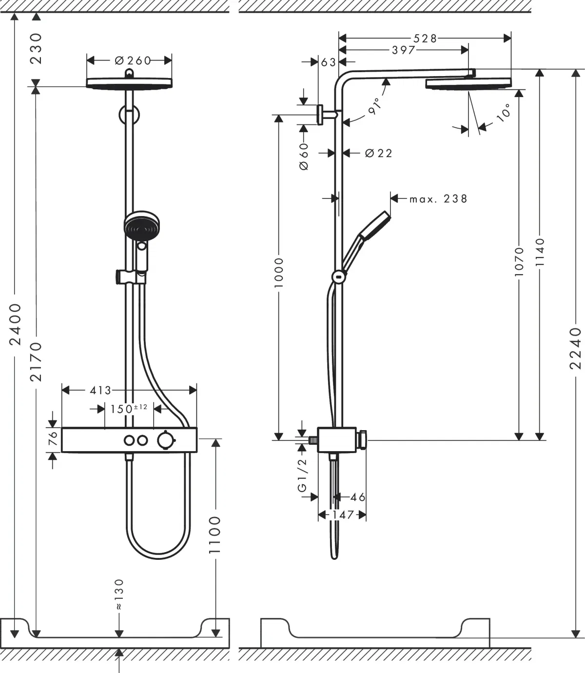 Hansgrohe Pulsify Showerpipe 260 Matt White 24221700 Габаритні розміри