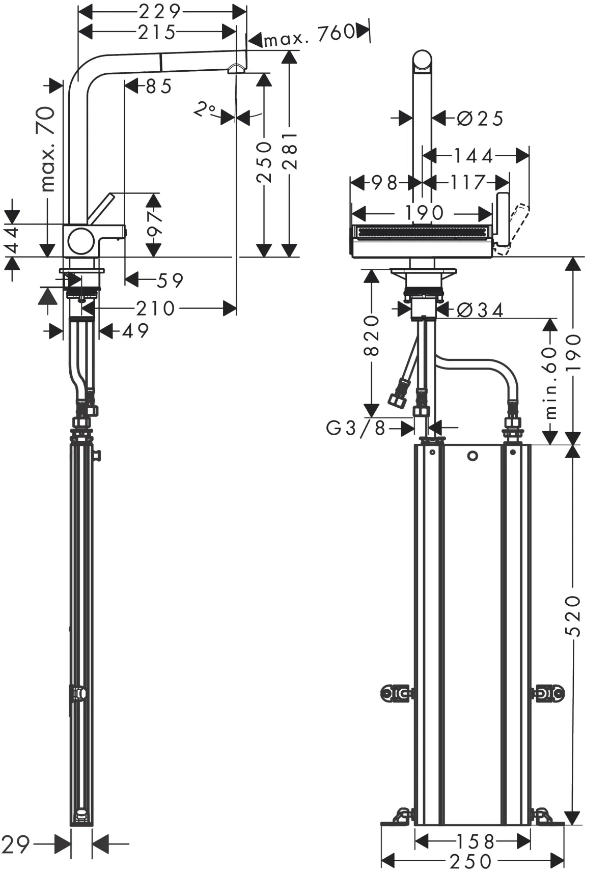 Hansgrohe Aquno Select M81 73830800 Габаритные размеры