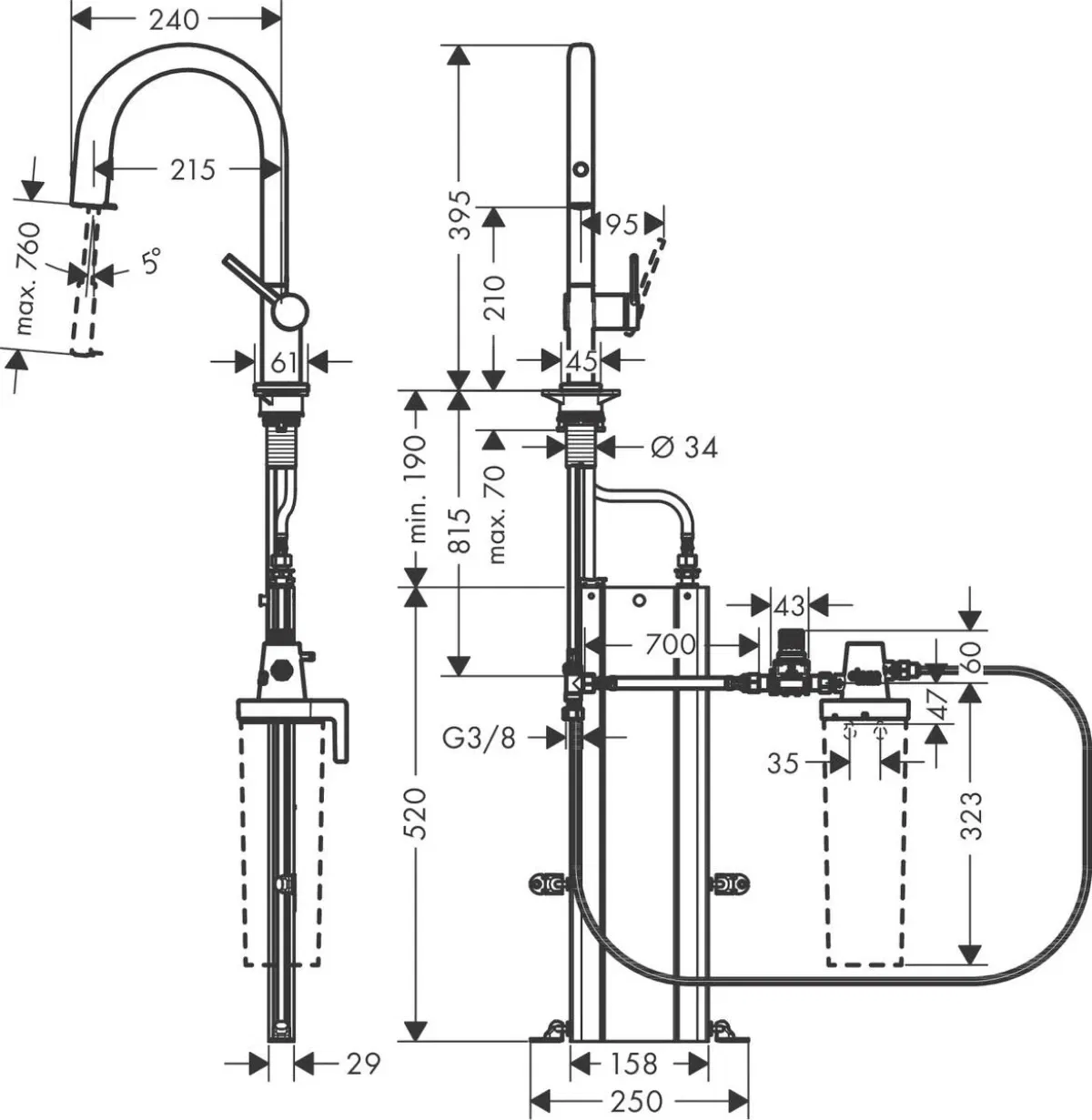 Hansgrohe Aqittura M91 FilterSystem 210 Black Matt 76826670 Габаритні розміри