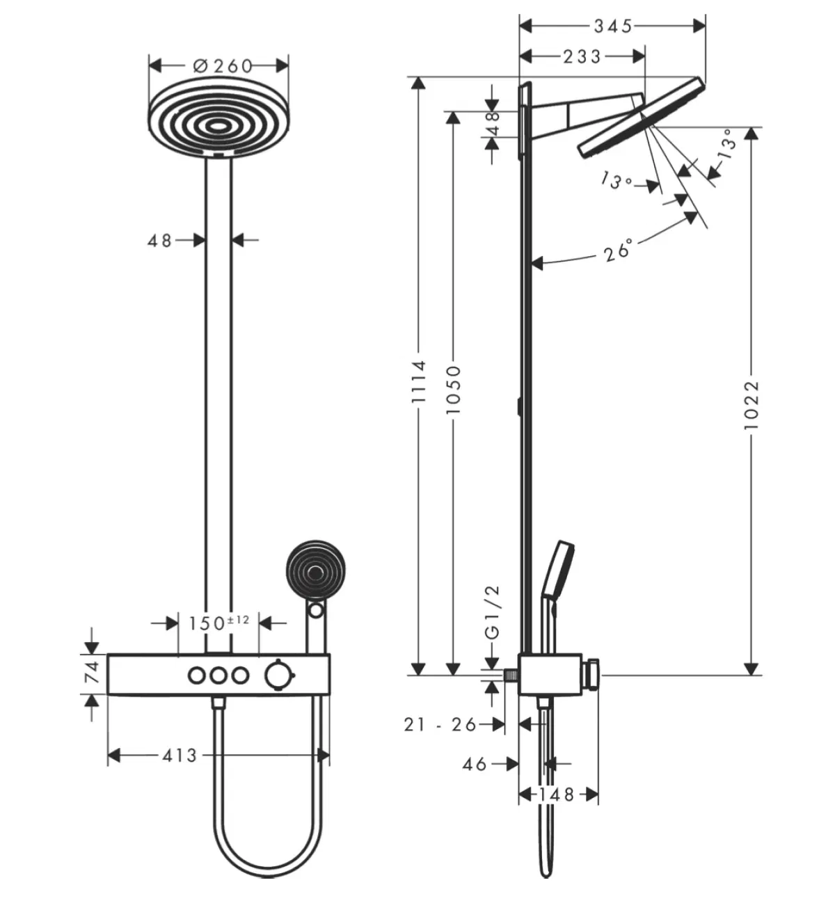 Hansgrohe Pulsify Showerpipe 260 Black Matt 24241670 Габаритні розміри