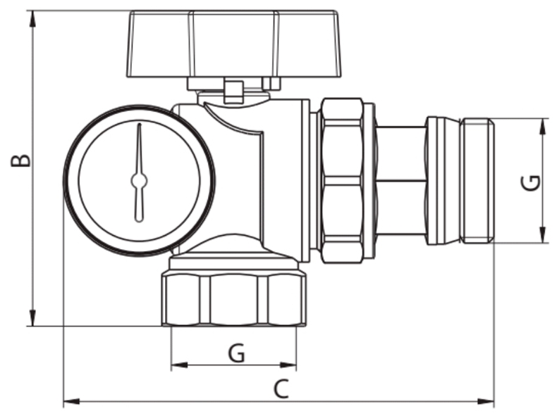 Koer KR.1033-Gi - 1'' (KR2894) с термометром Габаритные размеры