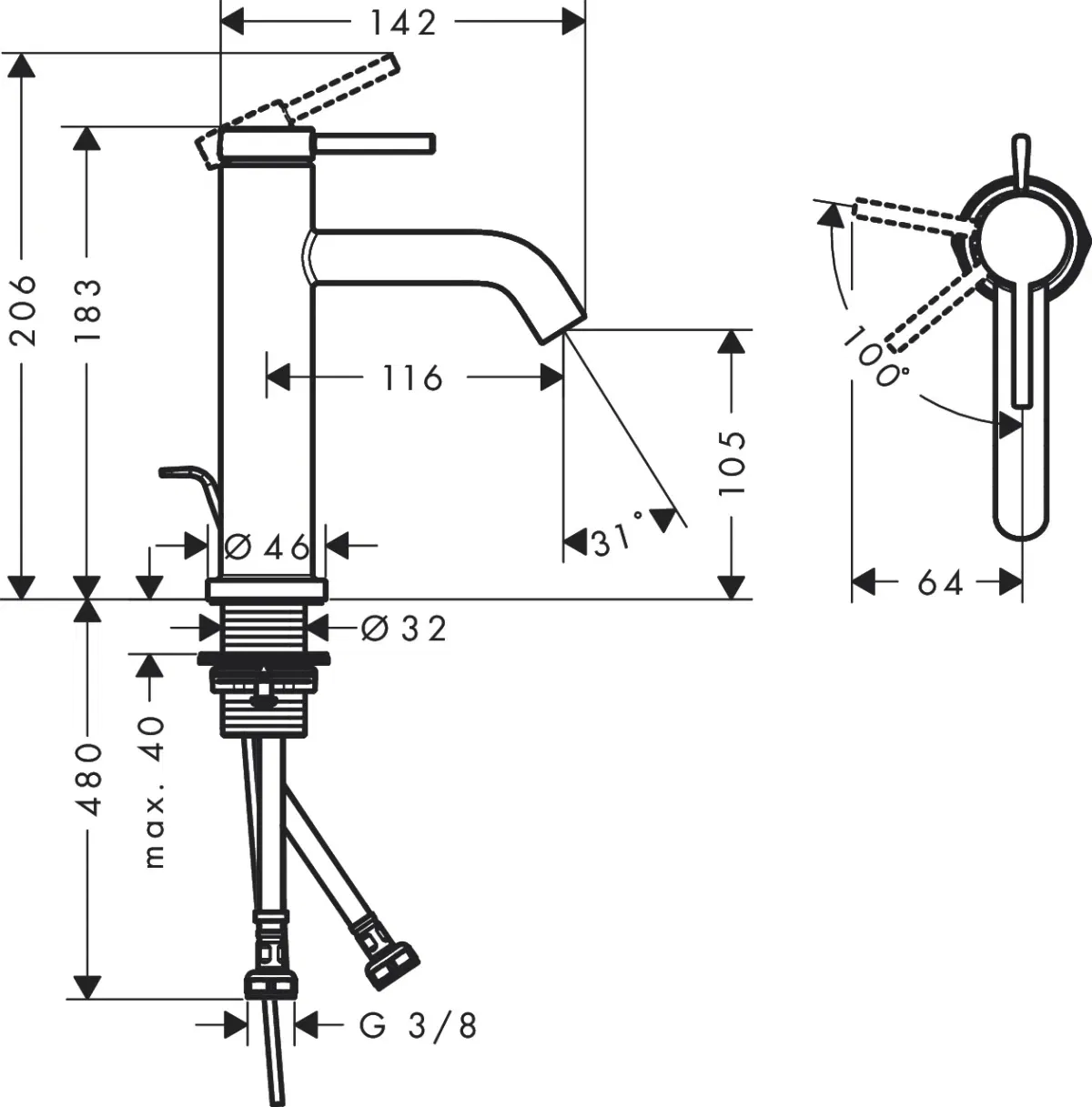 Hansgrohe Tecturis S 110 CoolStart Brushed Bronze (73314140) Габаритні розміри