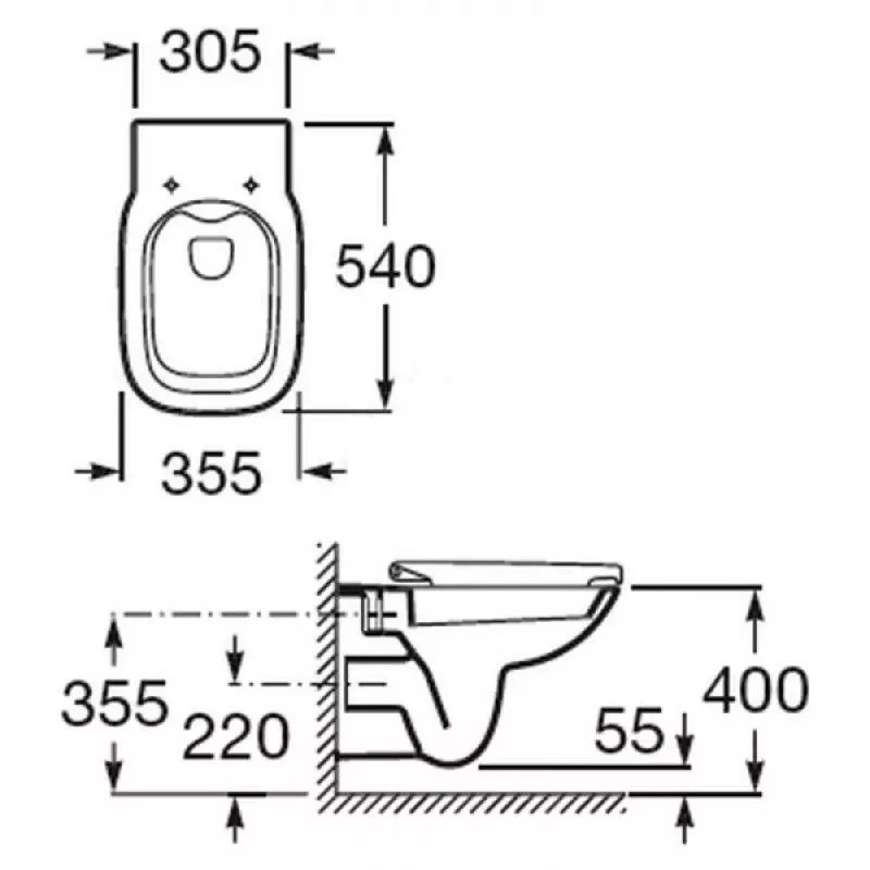 Roca Debba Rimless A34H99L000 Габаритні розміри