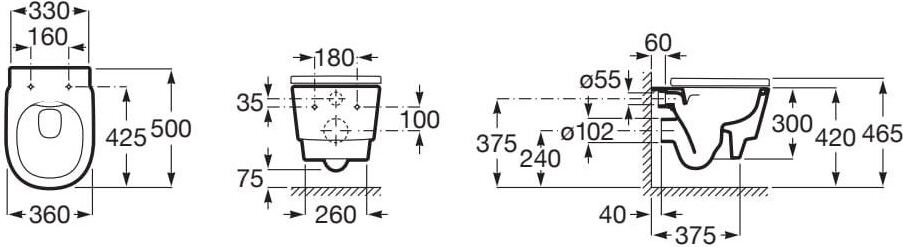 Roca TURA Rimless A346697000 Габаритні розміри