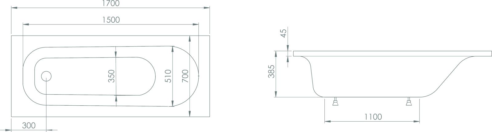 Imprese Rozkos 170x70x38,5 с ножками (b0701017070+NU) Габаритные размеры