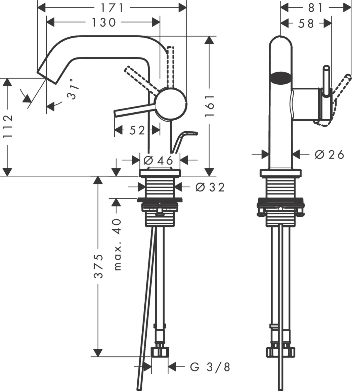 Hansgrohe Tecturis S Fine CoolStart Chrome 73323000 Габаритные размеры