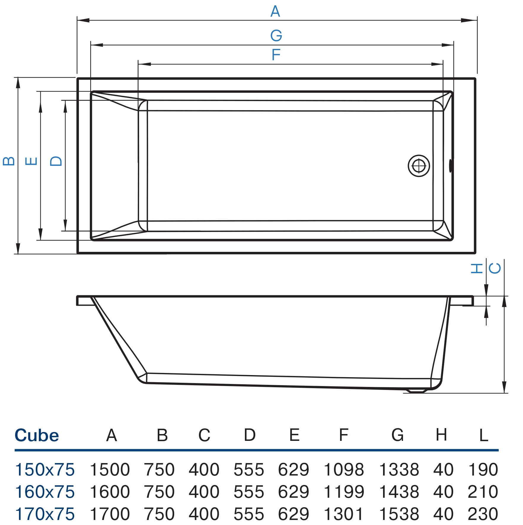 Koller Pool Cube 170x75 (CUBE170X75) Габаритные размеры