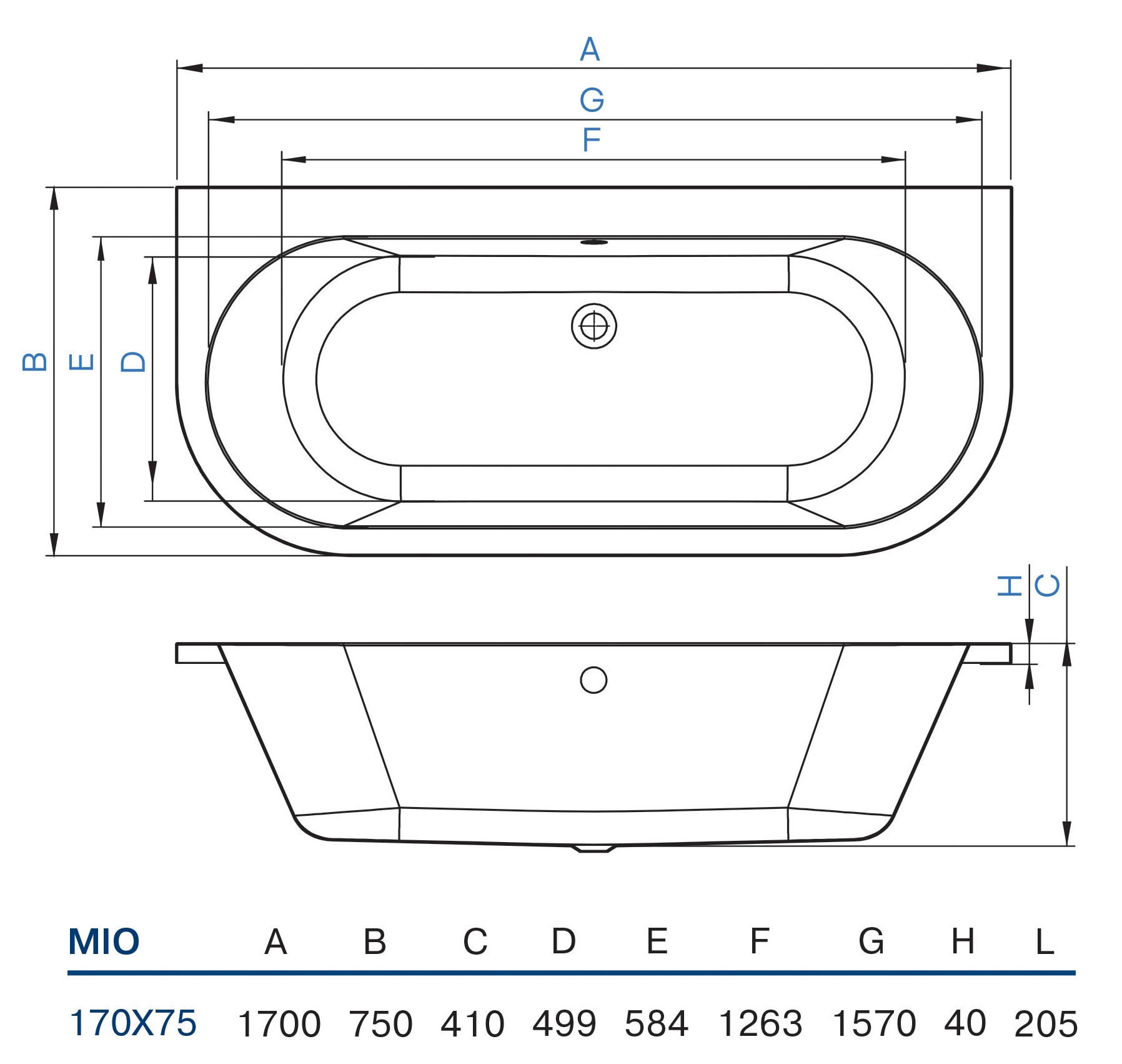 Koller Pool MIO 170x75 (MIO170X75) Габаритные размеры