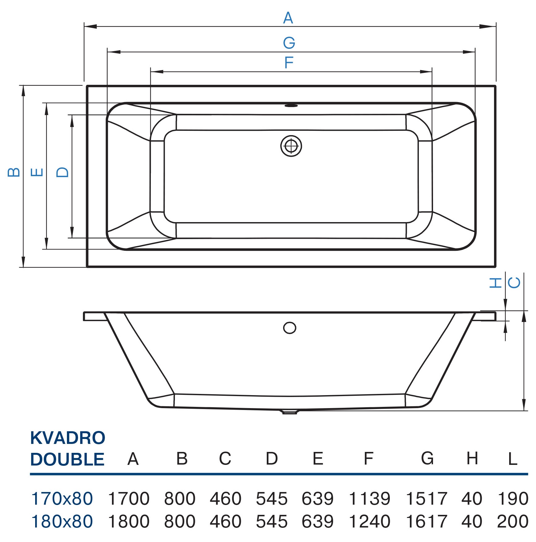 Koller Pool Kvadro Double 180x80 (KVADRODOUBLE180X80) Габаритные размеры