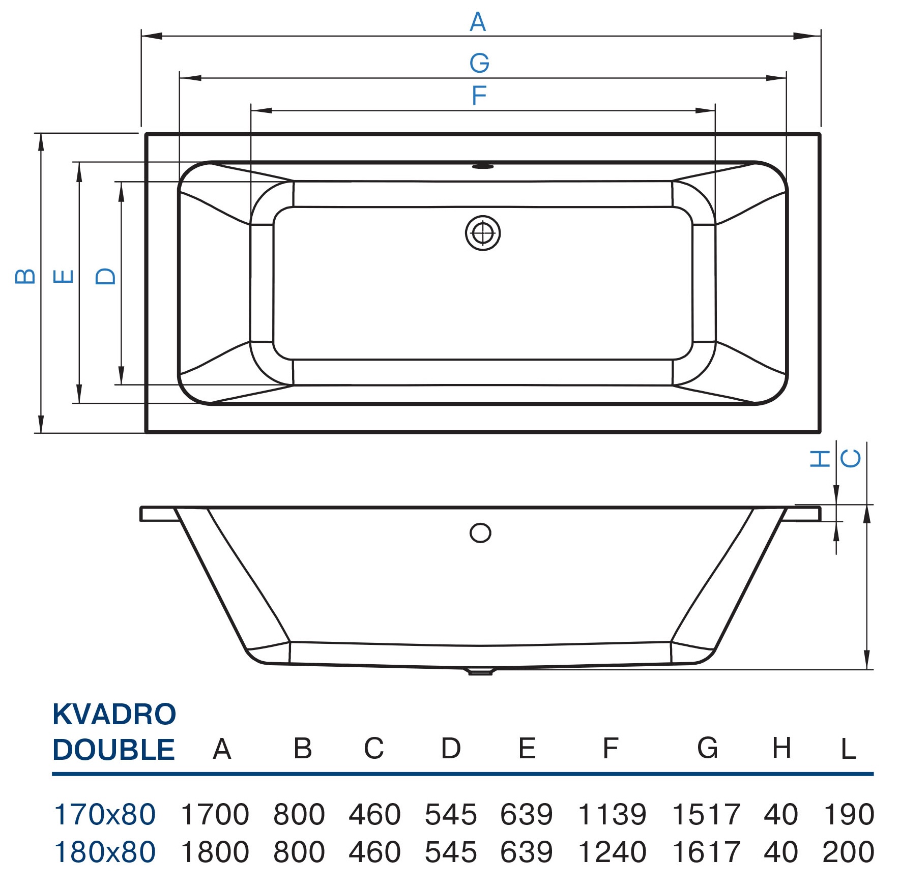 Koller Pool Kvadro Double 170x80 (KVADRODOUBLE170X80) Габаритные размеры