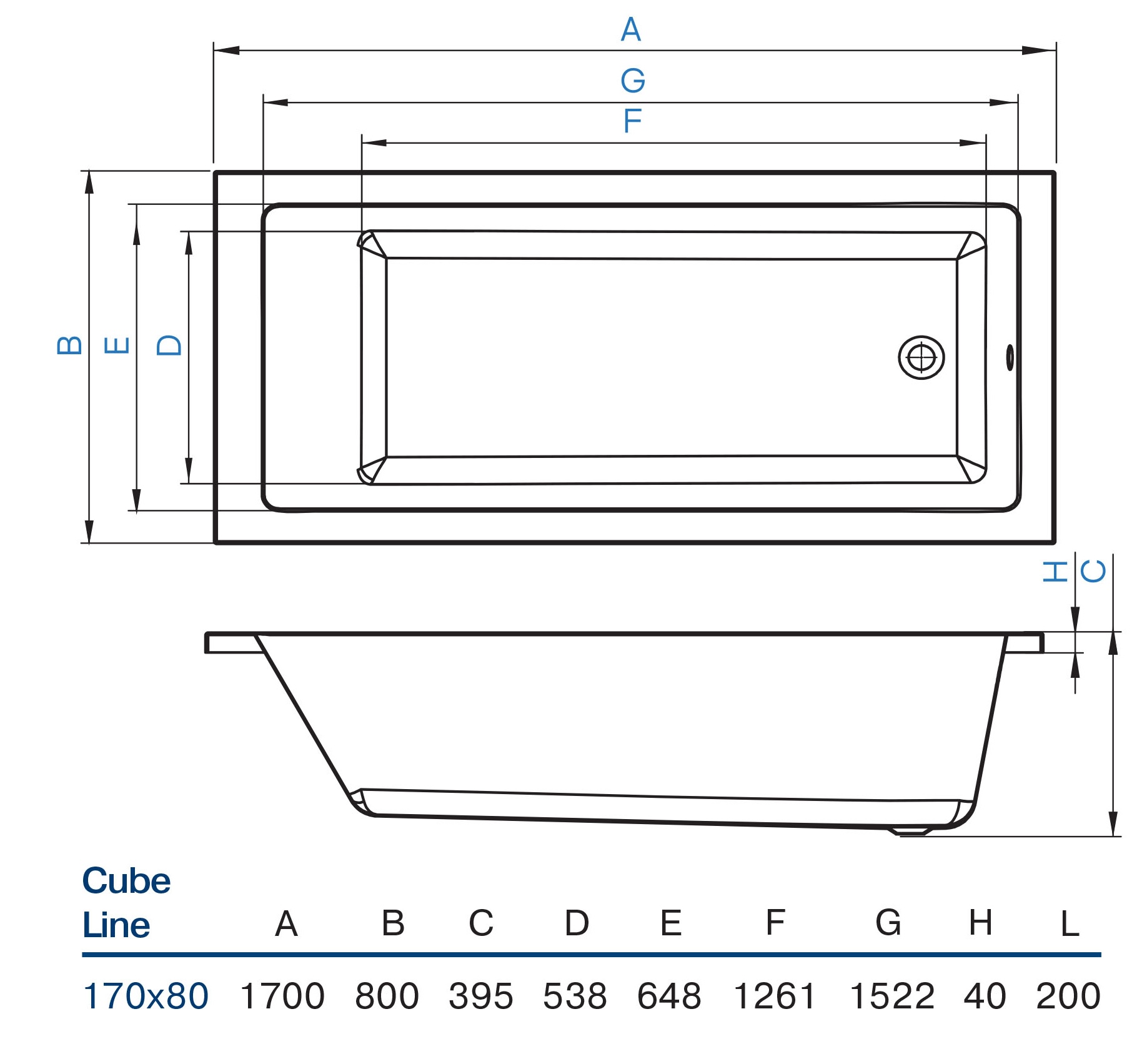 Koller Pool Cube Line 170x80 (CUBELINE170X80) Габаритные размеры