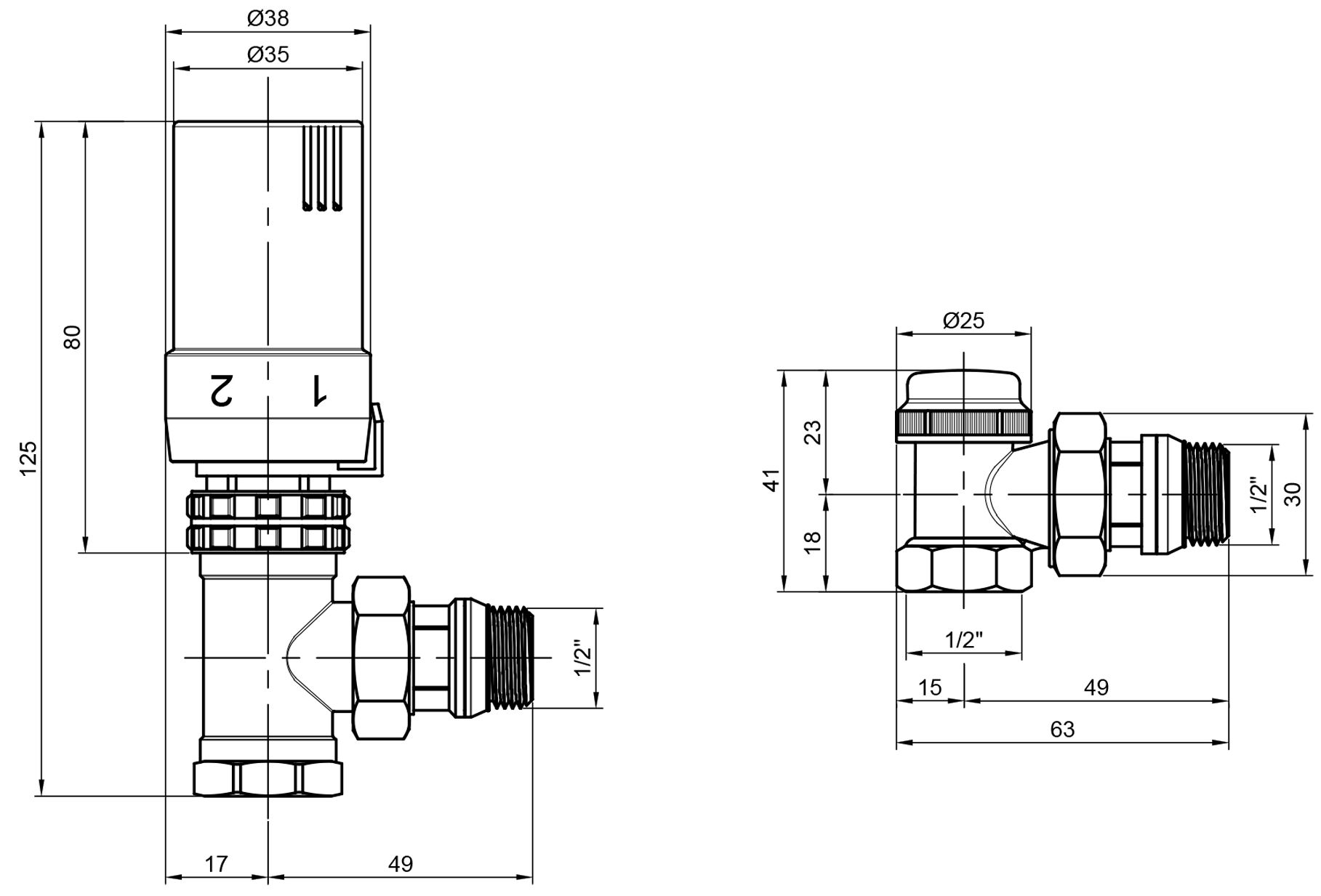 SD Plus 1/2" для радіатора кутовий SD352W15 Габаритні розміри