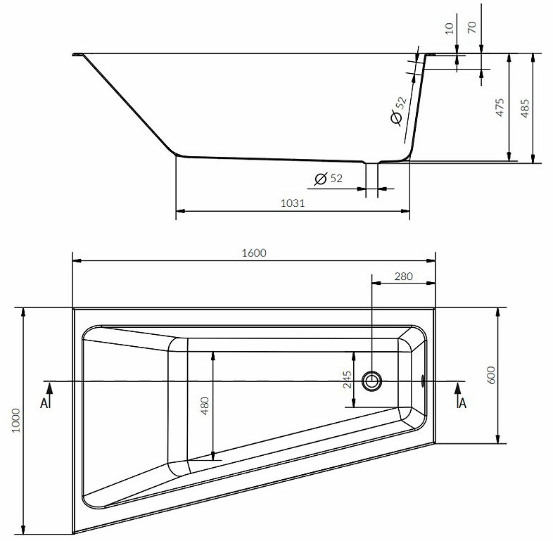 Cersanit Crea 160×100 ліва (S301-232) Габаритні розміри