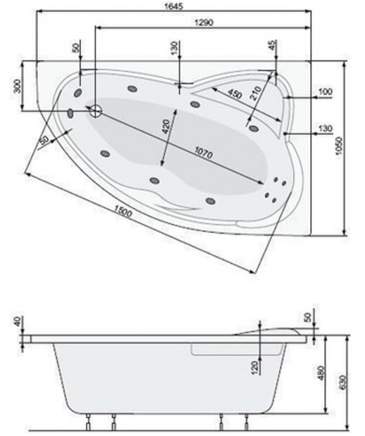 PoolSpa Europa 165x105 права (PWA4610ZN000000) Габаритні розміри