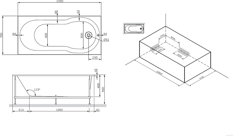 AM.PM X-Joy 150x70 (W88A-150-070W-A) Габаритні розміри