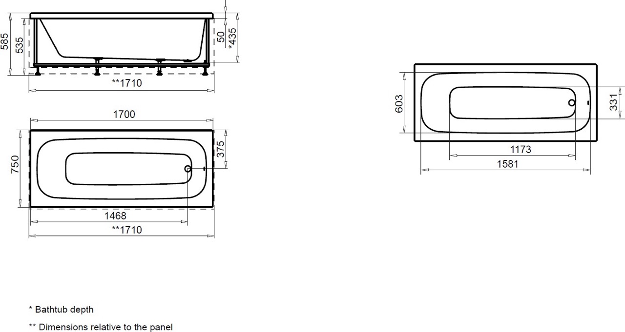 AM.PM Sense 170x75 (W75UA-170-075W-A) Габаритные размеры