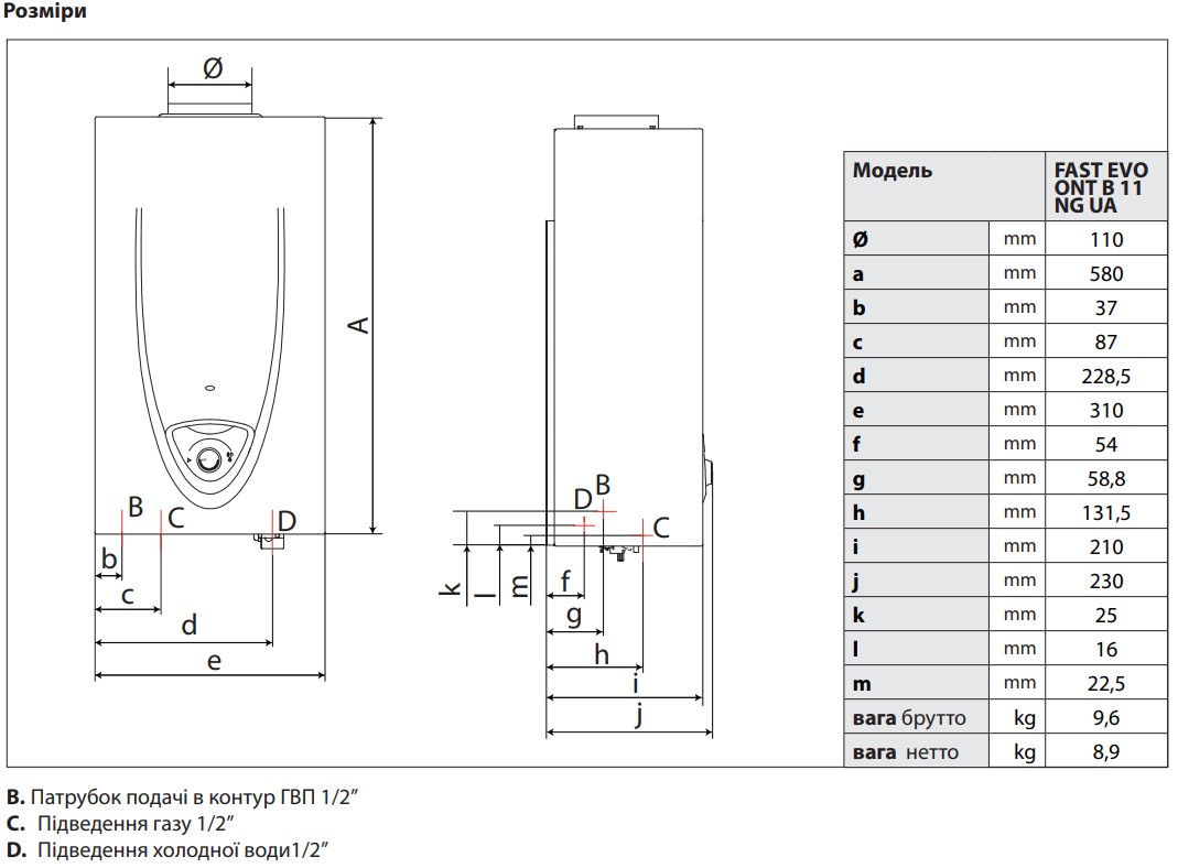 Ariston Fast Evo ONT B 11 NG UA Габаритные размеры