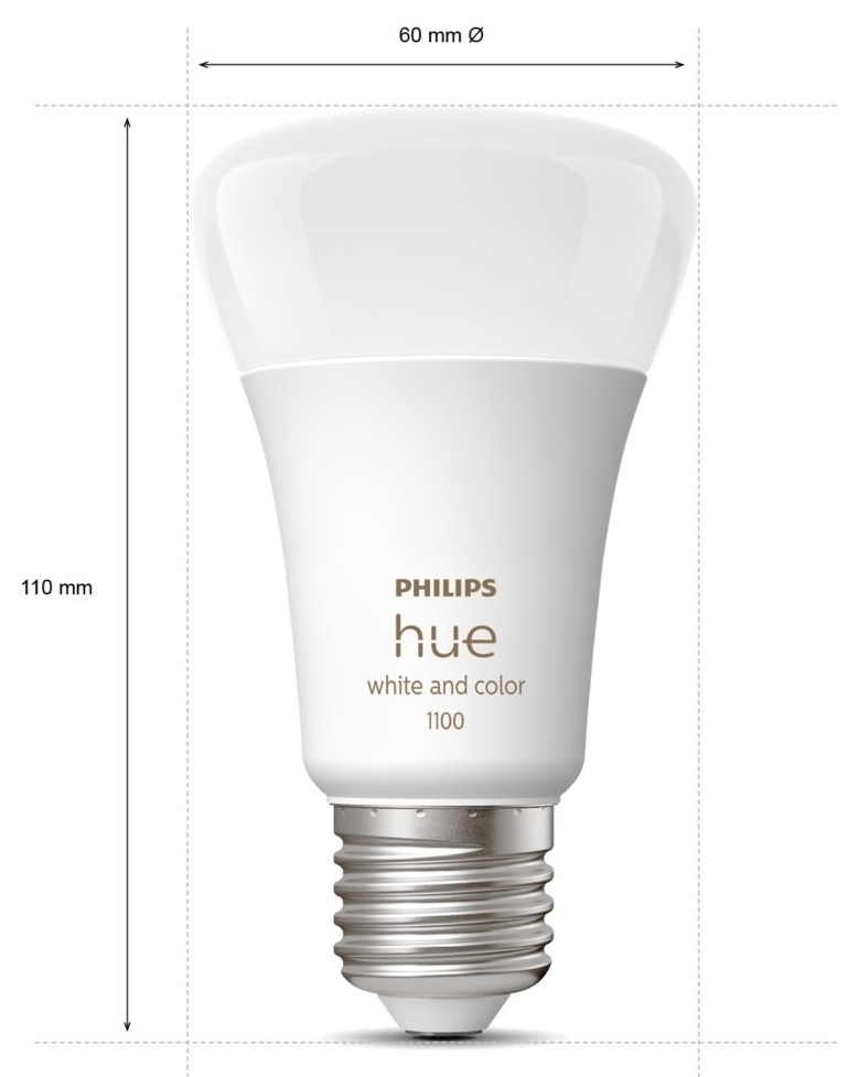 Philips Hue E27, 11W(60Вт), 2000K-6500K, RGB, ZigBee, Bluetooth (929002468801) Габаритные размеры