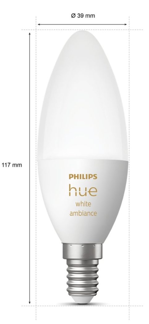 Philips Hue E14, 5.2W(40Вт), 2200K-6500K, Tunable white, ZigBee, Bluetooth, дим, 2шт (929002294404) Габаритні розміри