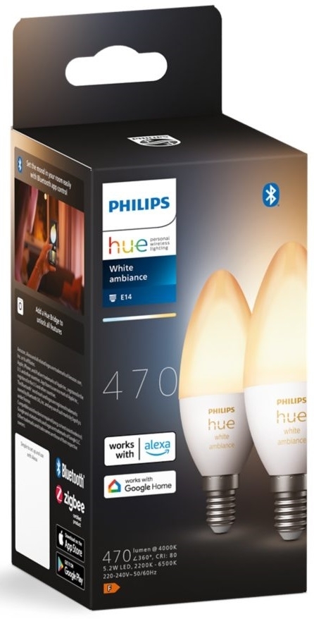 Philips Hue E14, 5.2W(40Вт), 2200K-6500K, Tunable white, ZigBee, Bluetooth, дим, 2шт (929002294404)