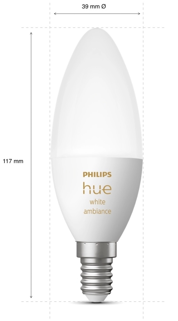 Philips Hue E14, 5.2W(40Вт), 2200K-6500K, Tunable white, ZigBee, Bluetooth, дим (929002294403) Габаритні розміри