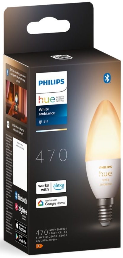 Розумна лампа Philips Hue E14, 5.2W(40Вт), 2200K-6500K, Tunable white, ZigBee, Bluetooth, дим (929002294403)