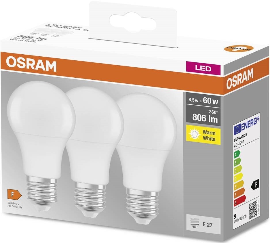 Світодіодна лампа Osram Led A60 E27 8.5Вт 2700К 806Лм 3шт (4099854046797)