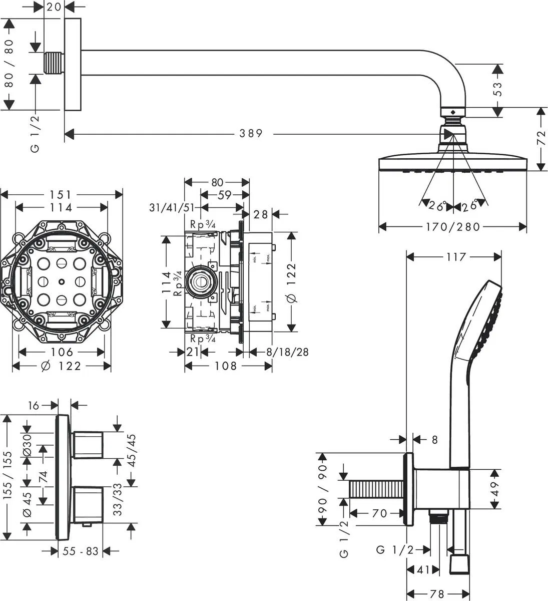 Hansgrohe Croma E 280 1jet Ecostat E Chrome 27953000 Габаритные размеры