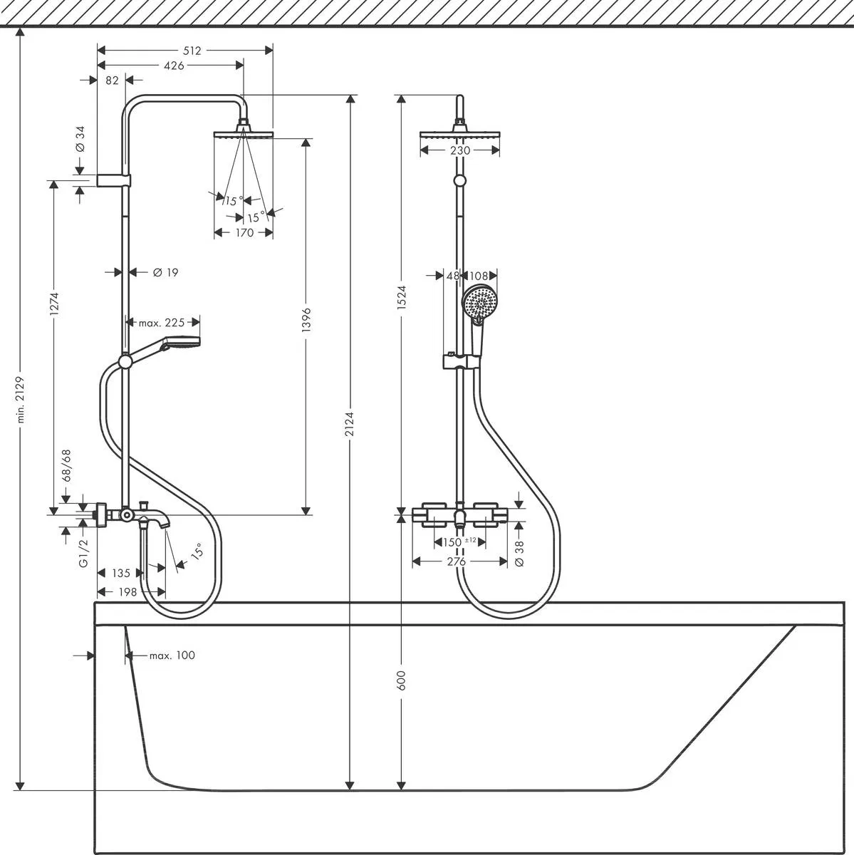 Hansgrohe Vernis Shape Showerpipe 230 1jet EcoSmart 26098000 Габаритні розміри