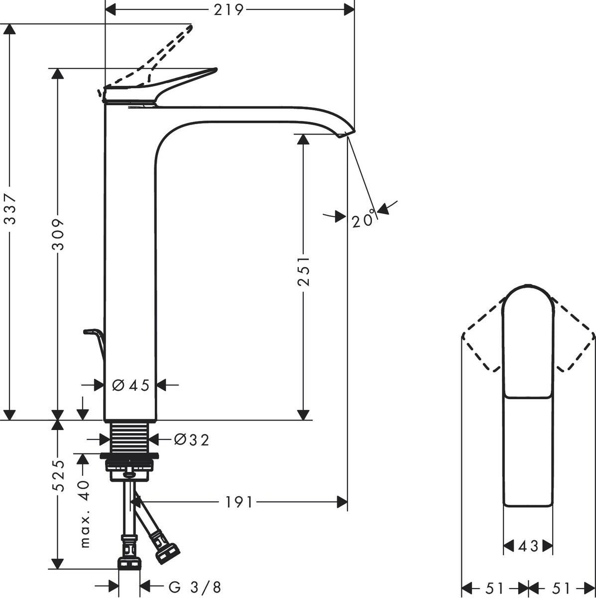 Hansgrohe Vivenis Chrome 75040000 Габаритні розміри