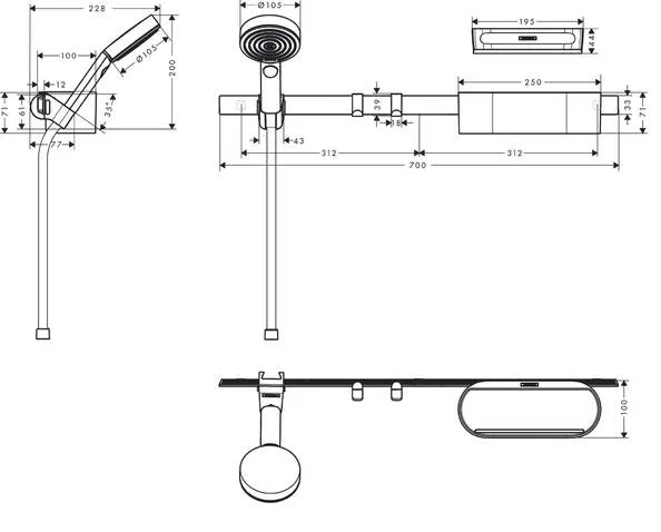 Hansgrohe WallStoris Activation EcoSmart 7в1 Matt Black 24291670 Габаритні розміри