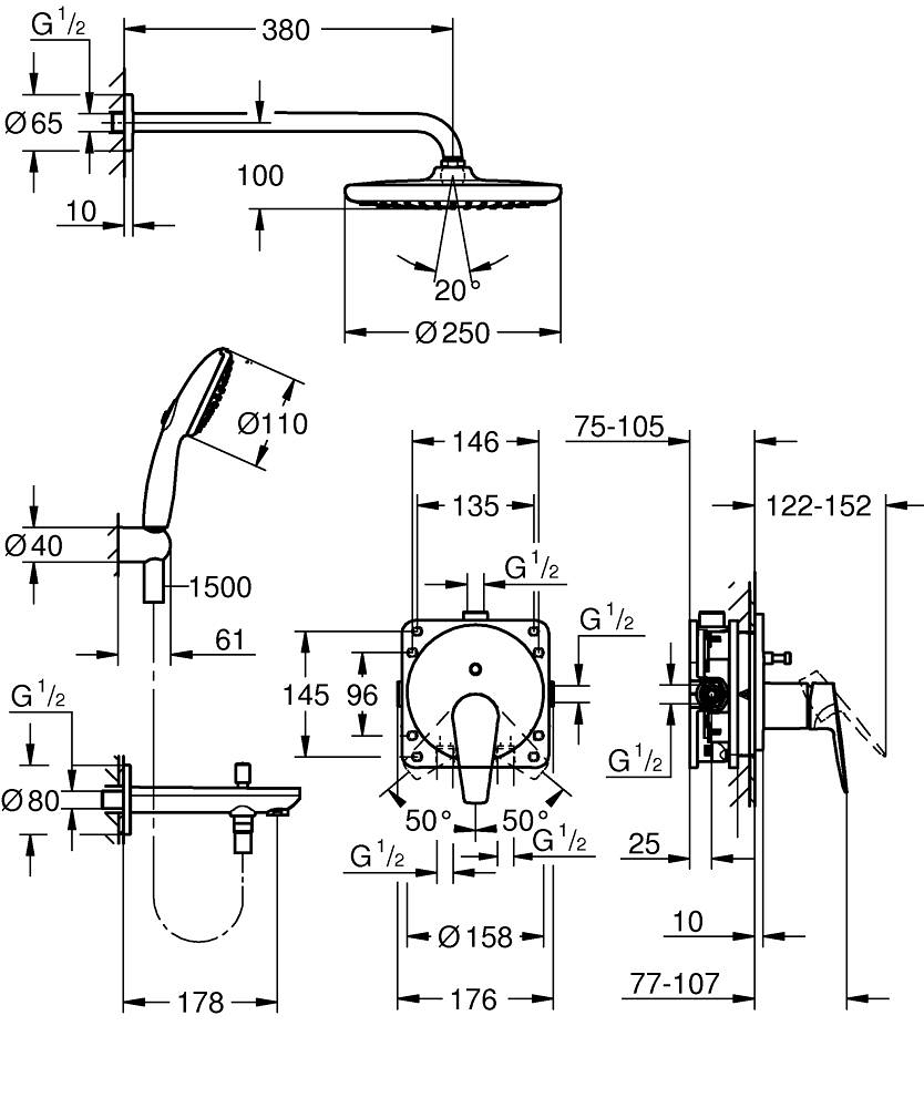 Grohe BauEdge Tempesta 250 25291000 Габаритные размеры