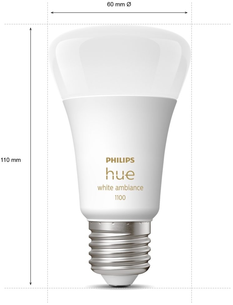 Philips Hue E27, 11W(60Вт), 2200K-6500K, Tunable white, ZigBee, Bluetooth (929002468401) Габаритні розміри