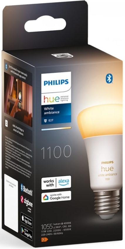 Philips Hue E27, 11W(60Вт), 2200K-6500K, Tunable white, ZigBee, Bluetooth (929002468401)