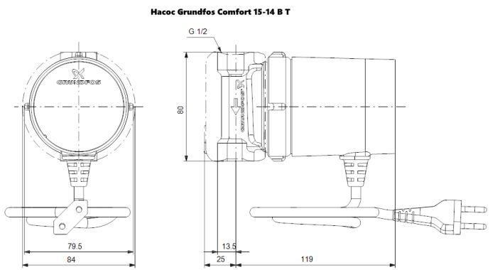 Grundfos Comfort 15-14 B T (93093854) Габаритные размеры