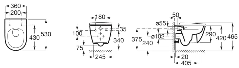 Roca Duplo Nova WC A89P420020+A34H688000 Габаритні розміри