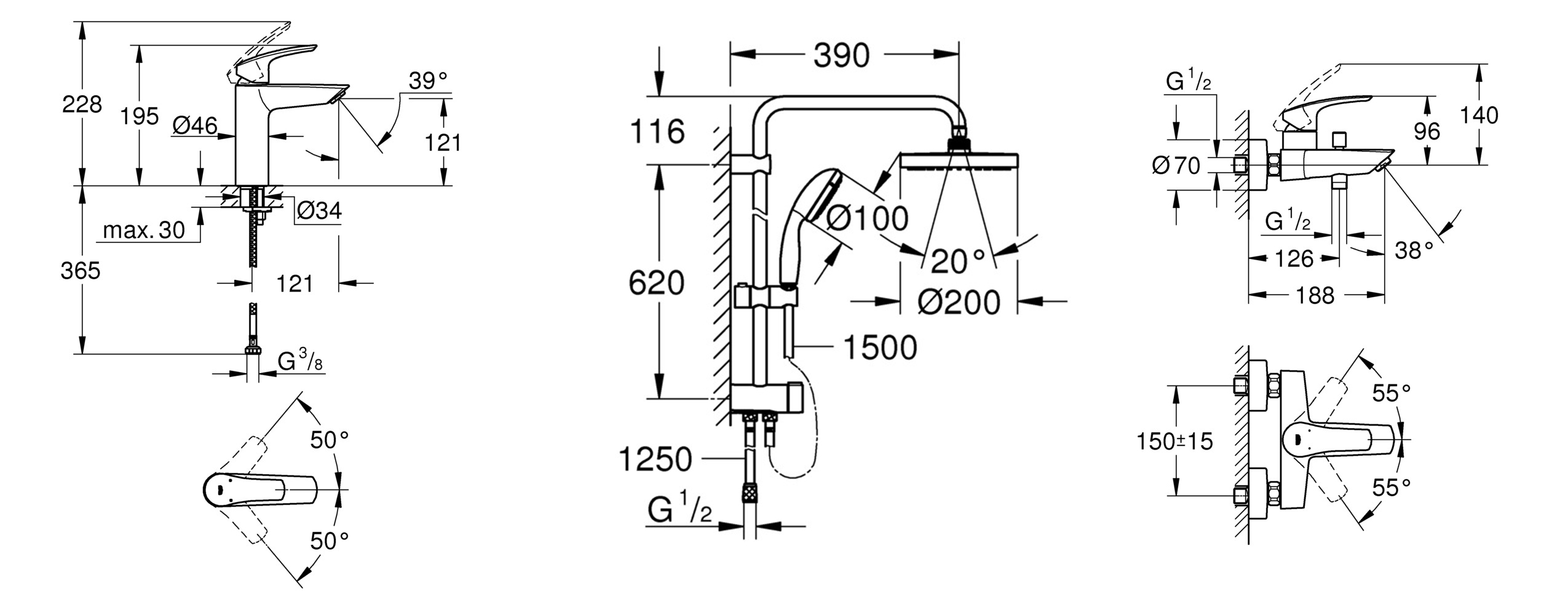 Grohe Eurosmart New 3 в 1 UA123389M0 Габаритные размеры