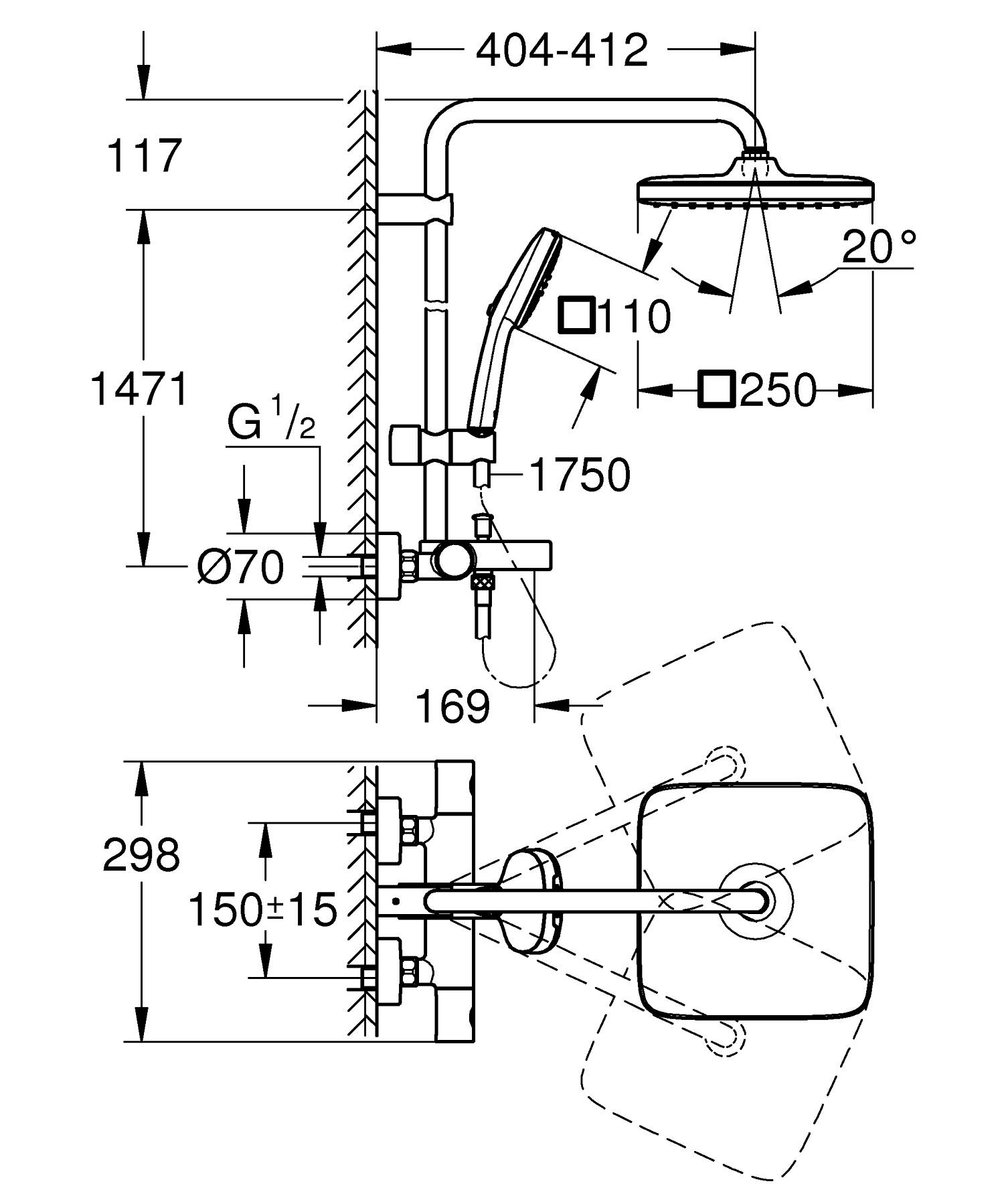 Grohe Tempesta System 250 Cube 266912431 Габаритні розміри